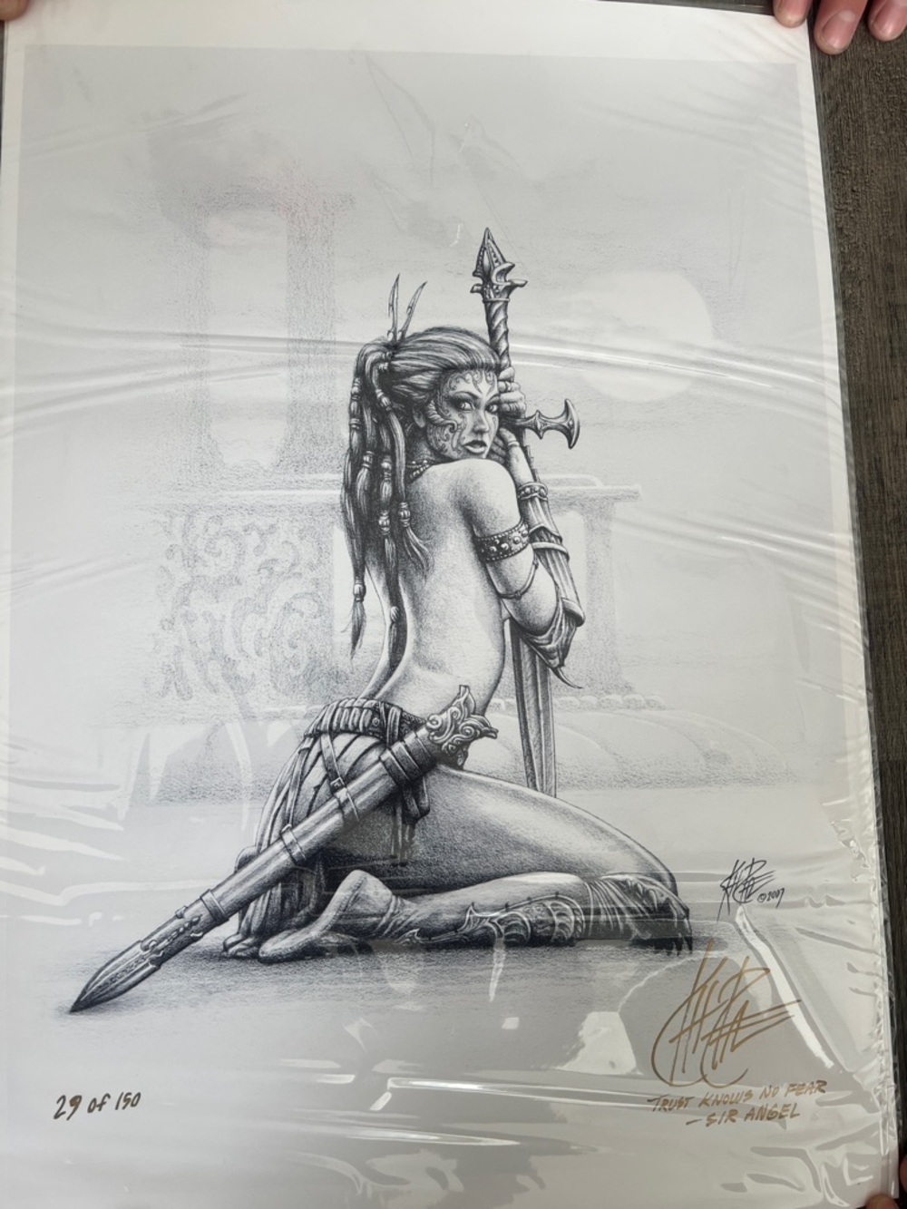 Fantasy Warrior Woman Sword Art Print - Black & White